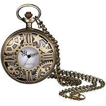 Avaner Womens Quartz Pocket Watches Half Hunter Bronze Arabic Numeral Pocket Watches with Chain
