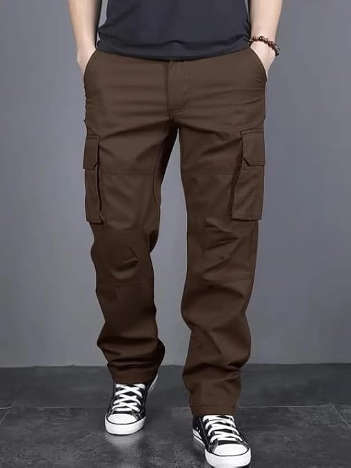 Image of DBAX Men's Olive Green Utility Cargo Pants | Multi Pocket Relaxed Fit Cargo Trousers | Durable Casual Streetwear Pants for Men