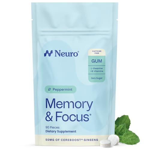 Image of Neuro Memory & Focus Gum - Caffeine Free Nootropic with Cereboost Ginseng, 60mg L-Theanine & B Vitamins - Brain Boosting Gum and Mental Clarity Supplement - Sugar Free, Vegan - Peppermint, 90 ct