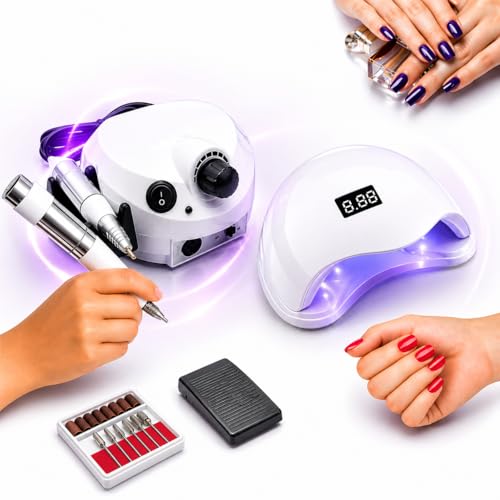 Kit Completo Manicure e Pedicure Profissional, Cabine Sun 5 48W com Indução Automática e Lixadeira Motor, para Unhas de Gel, Acrílico e Naturais Bivolt 110/220 V