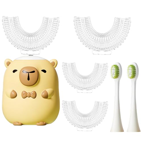 SKIKHN Cepillo de dientes eléctrico para niños, cepillo de dientes ultrasónico de 360°, con 4 cabezales de silicona en forma de U y 2 cabezales, IPX7 resistente al agua, 6 niveles de velocidad