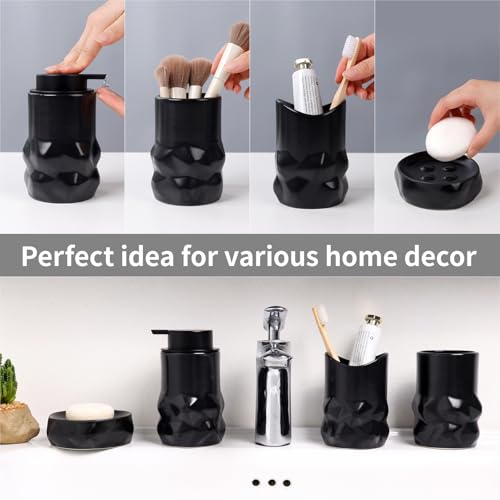 Image of BosilunLife Modern Ceramic Bathroom Accessories Set, Bathroom Counter Set Matte Black Bathroom Decor Sets Accessories Bathroom Lotion Soap Dispenser, Toothbrush Holder Set, Soap Dish, Apothecary Jars