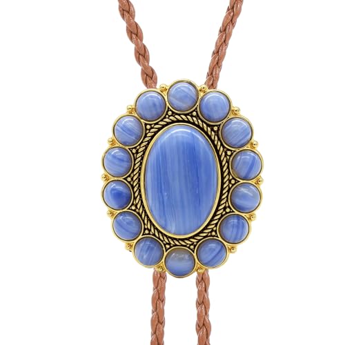 Image of GelConnie Bolo Tie for Men Women Western Cowboy Turquoise Leather Necktie | Natural Stone Bolo Tie Necklace for Women Rodeo Cowboy Leather Necktie Native American Western Cowgirl Ties Adjustable Cord