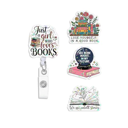 (4PCS) Holographic Lose Yourself In A Good Book Badge Reels Retractable, Name Badge Holder Reel ID Clip, Readers Book Lover Bookish Pediatric Decorative Gifts for Readers Office Worker Teacher Student