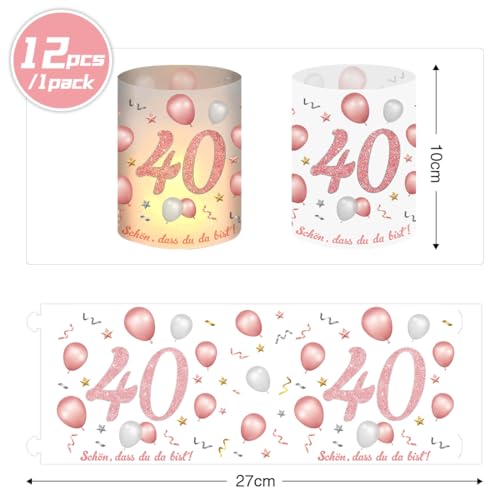 12 Windlicht-Tischdekoration zum 40. Geburtstag - Rosegold, Schön dass Du da bist - Partydekoration für Teelichter oder Kerzen, Happy Birthday