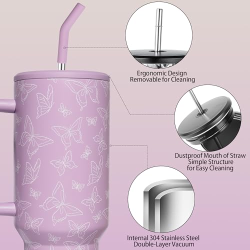 Butterfly Tumbler with Straw and Lid Vacuum Insulated 40oz Stainless Steel Cup Butterfly Gifts for Women Birthday Present Skinny Water Bottle Coffee Cup for Home or Travel by OEUFSEEE - Used condition - Image 5