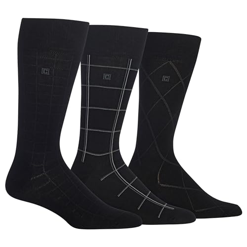 Chaps Men's Classic Dress Crew Socks-3 Pair Pack-Pattern and Solid Color Designs, Dashed Windowpane (Black), Shoe Size: 10-13