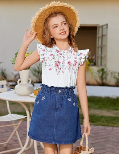 Image of Arshiner Girls Ruffle Short Sleeve Shirts Cute Summer Frill Neck Pleated Textured Blouse Tops