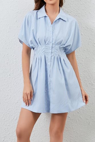 Image of Women Summer Short Sleeve Button Front Pleated Shirt Dress Striped Collar V Neck Casual Y2k Swing Short Mini Dress