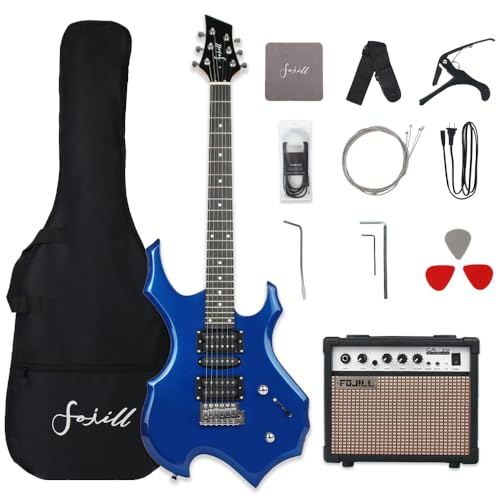 Fojill Heavy Metal Cool Shape Electric Guitar Kit Set Beginner Starter Combo Package Bundle 20W Amplifier Amp Accessory Padded gig Bag,Picks, Cable,Strap,Extra Strings (FCGK-50, Metallic Blue)