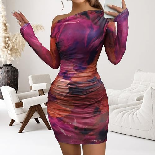 Image of Women's Long Sleeve Bodycon Mini Dress Tie Dye Print Slim Fit Asymmetrical Neck Elegant Formal Ruched Short Dresses