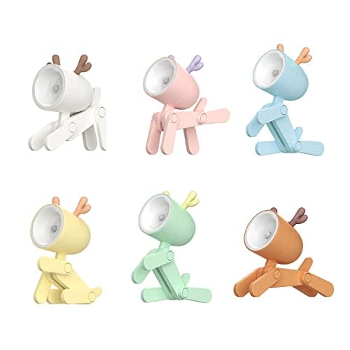6 Pcs Cute Mini Night Light, Adjustable Small Phone Holder for Desk, Mini Cartoon Animals LED Desk Lamp Portable Night Light Reading Table Night Lamp for Home Office (Deer)