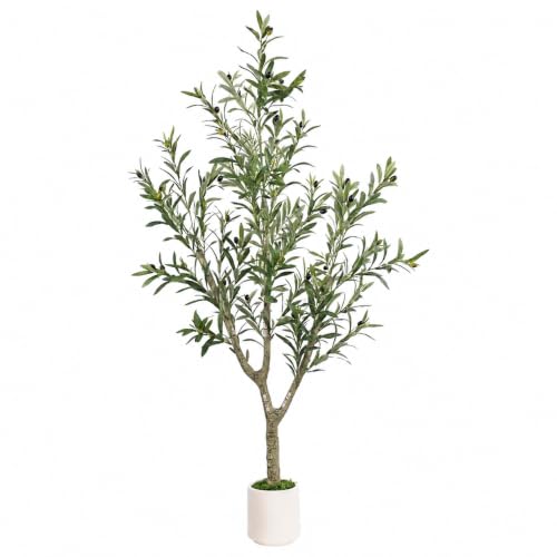 Olive Trees Artificial Indoor, 5ft Tall Olive Tree with White Planter, Faux olive tree with Natural Wood Trunk & Realistic Leaves & Lifelike Fruits, Artificial Plants for Home Decor Office Living Room