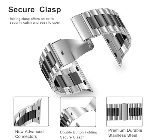 Guwet Pack 2 Metal Bands Compatible With iWatch Band 38mm 40mm 41mm 42mm, Stainless Steel&Milanese Loop Mesh for Apple Watch Strap SE3 2 1/ Ultra3 2 1/11 10 9 8 7 6 5 4 3 2 1 Black int silver by Guwet - Image 3