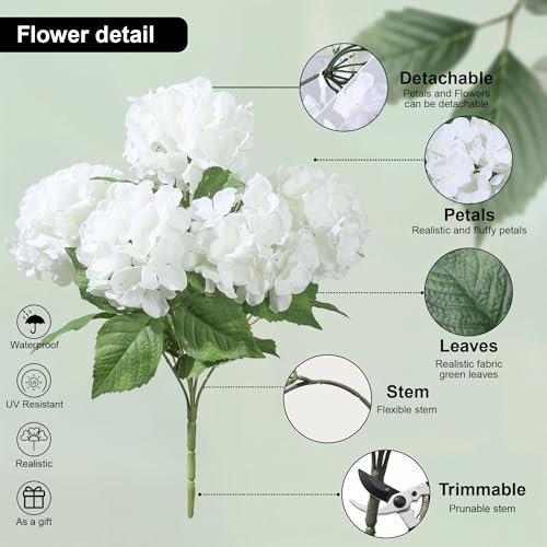 Ivydale Artificial Flowers for Outdoors, 4 PCS White Fake Silk Hydrangea Flower Stems for Bouquets UV Resistant Realistic Faux Plants Home Outdoor Wedding Party Centerpieces Decor image 7