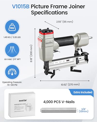 Image of meite V1015B V-Nailer Picture Frame Joiner Kit, Pneumatic V Nail Gun with 4,000 Pcs 10 mm V Nails, Fits 9 /32 inch to 19 /32 inch (7 to 15 mm), for DIY Finish Woodworking Picture Framing