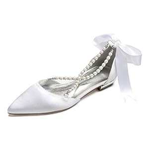Bruids schoenen ballerina’s dames platte satijnen parel kant tenen bruiloft schoenen jurk schoenen 36-43,White,US6.5_7/EU37/UK4.5_5