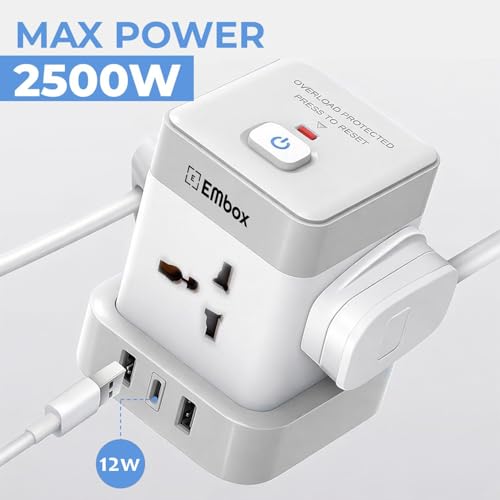 Image of EMBOX Cube Extension Board 5 Meter Cable Type C | (3.4 A) (QC 3.0) Universal Sockets 2500W Extension Board with Switches Safety Shutter & Overload Protector | Extension Cord 12W