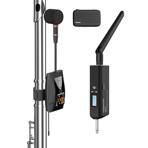 KENBAIDIO Wireless Flute Microphone System, UHF Wind Music Instruments Microphone with Rechargeable Receiver and Transmitter 196ft Range, Professional Tubular Instrument Clip Great for Flute, Piccolo