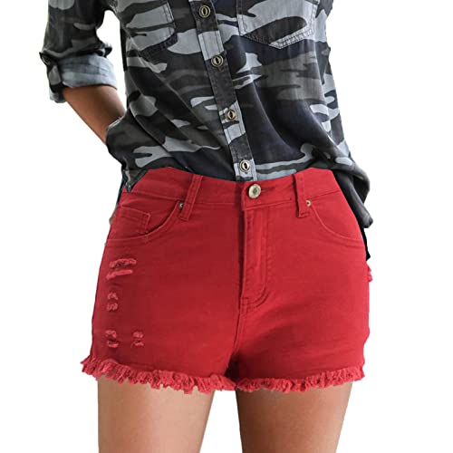 Distressed Short Jeans for Women Raw Frayed Hem Cut Off Denim Shorts Washed Distressed Stretch Jean Shorts (XX-Large,Red)