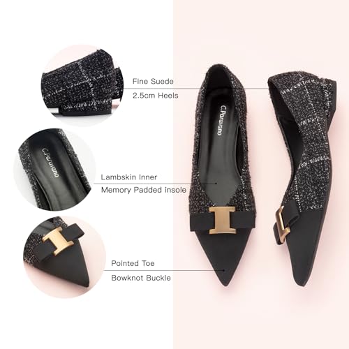 C.Paravano Women's Pointed Toe Ballet Flats with Bow Slip-On Dressy Flats for Women Comfortable Elegant Casual Shoes for Work Part Daily Wear(Black&White,Size 8)4