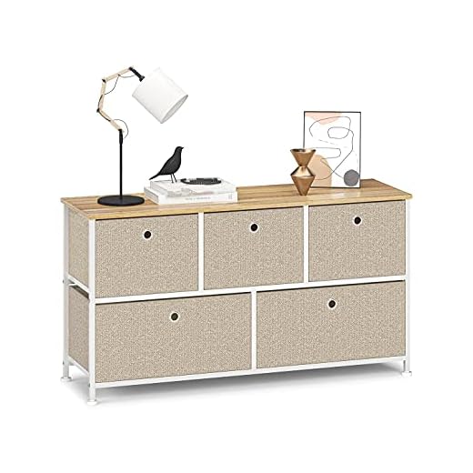 Byrå smalt skåp med 5 lådor av tyg, TV-skåp, sidobord, skåp, metall för kök, vardagsrum, sovrum, kontor, hall, lågt skåp, stål, trä, vit, beige