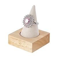 AHANDMAKER Single Finger Ring Holder Beige Velvet Cone Shaped Ring Display Stand with Wooden Coated Base, Wedding Jewelry Showcase Ring Organizer with velvet for Nightstand, Store Counter
