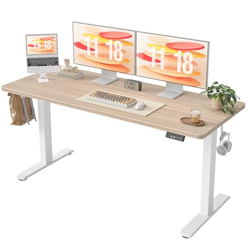 TIQLAB Electric Standing Desk, Adjustable Height Stand up Desk, 63 * 24 Inches Sit Stand Home Office Table with Splice Board, Light Walnut