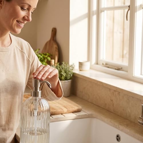 Image of 16 OZ Stripe Design Soap Dispense with 304 Rust Proof Stainless Steel Pump Glass Soap Dispenser Kitchen Soap Dispenser Bathroom