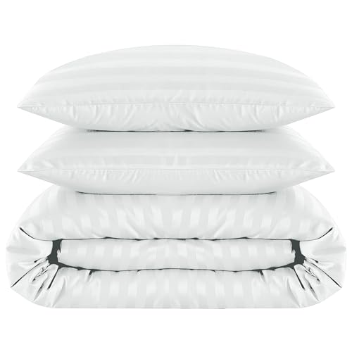 White Double Duvet Cover Set - 100% Cotton Hotel Quality Stripe Quilt Cover Bedding Sets with 2 Pillowcases - Hypoallergenic Button Closure Soft Breathable Bed Covers