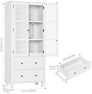 FOTOSOK Kitchen Pantry Storage Cabinet, Tall Storage Cabinet with Rattan Doors and 2 Drawers, Kitchen Hutch with Adjustable Shelf, Utility Pantry for Kitchen, Dining Room,White