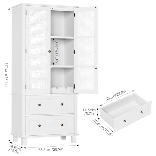 FOTOSOK Kitchen Pantry Storage Cabinet, Tall Storage Cabinet with Rattan Doors and 2 Drawers, Kitchen Hutch with Adjustable Shelf, Utility Pantry for Kitchen, Dining Room,White