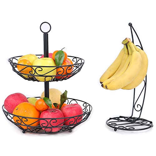 Cubesu Obst Etagere 2 Etagen inkl. Bananenhalter - Etagere Obst für mehr Platz in der Küche - Obstschale Etagere 2-stöckig - dekorativer Obstkorb