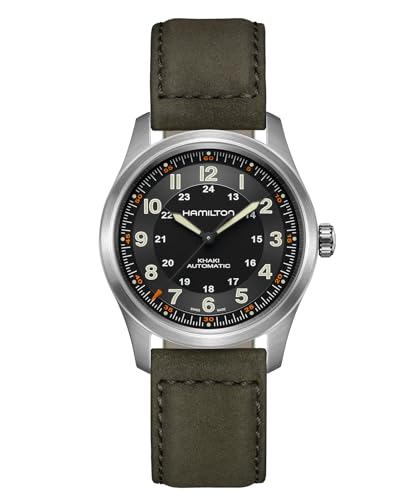 Image of Hamilton Khaki Field Titanium Automatic Men's Watch, 38mm Titanium Case, Swiss Made, Black Dial Analog Wrist Watch for Men, 100m Waterproof, Sapphire Crystal, 3-Hand Movement, Cow Leather Strap