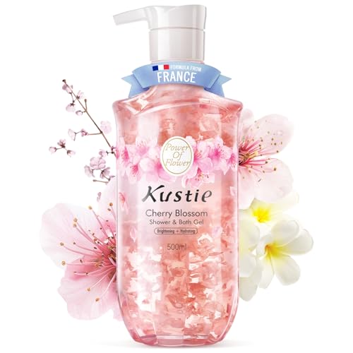 Kustie Brighten Cherry Blossom Body Wash - Perfume Shower Gel with Squalane & Hyaluronic to Antioxidant, Balance, Hydrate Skin丨Nature Sakura & Niacinamide Add丨Paraben, Phthalate Free丨16.9 Fl Oz