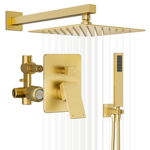 HomGoo Gold Shower System Shower Faucet Set with 10 Rain Showerhead and Handheld Combo Spray Bathroom Wall Mounted High Pressure Shower Combo Set Included Valve and Trim Brushed Gold