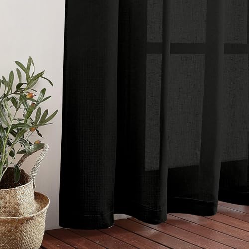 Image of Amazon Basics - Linen Textured Sheer Door Curtains | Light Filtering | 5 Feet | Set of 2 | Plain Design | for Living Room, Bedroom & Balcony | 150cm x 115cm, Color - Black