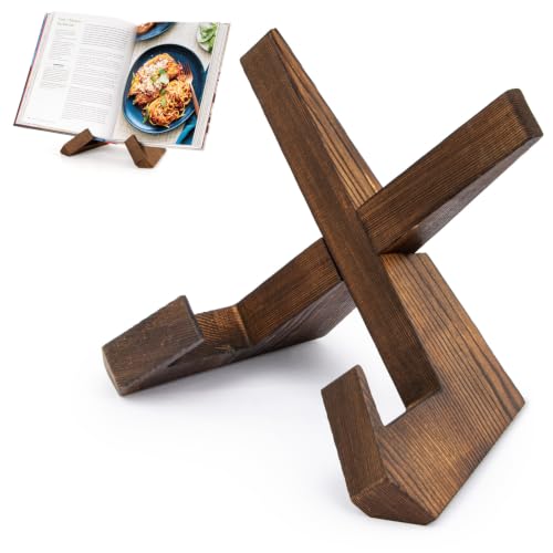 PUERSI Cookbook Stand for Kitchen, Recipe Book Holder for Kitchen Counter, Wooden Cookbook Holder, Rustic Cook Book Holder Stand - Rustic Brown - 1 Set