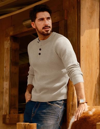 PJ PAUL JONES Mens Sweaters Casual Waffle Pullover Sweater Button Crewneck Textured Knit Henley Sweaters3