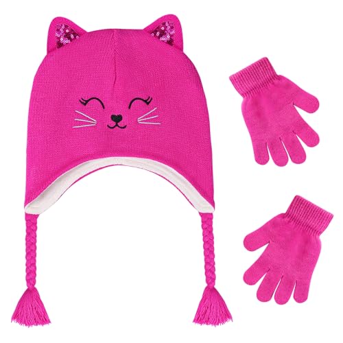 Girl Knit Cat Ear Beanie Hat and Glove Set Kids Winter Earflap with Braided Ski Skull Cap Mitten Set Age 3-7