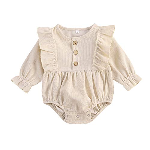 Image of MBMSHEGH Infant Baby Girl Corduroy Romper Basic Plain Ruffle Long Sleeve Romper Bodysuit One Piece Jumpsuit Fall Tops Clothes