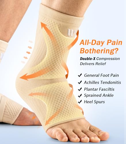 Image of Low-Profile Ankle Braces for Women & Men, Customizable Ankle Compression Sleeve w /Wide Strap, Foot Support Wrap for Plantar Fasciitis Pain Relief, Achilles Tendonitis, Sprain, Beige, 1 Pair, S