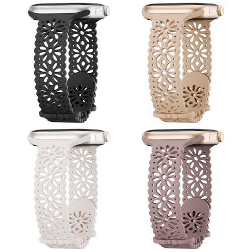Image of 4 Pack Slim Lace Silicone Bands Compatible for Apple Watch 38mm 40mm 41mm 42mm 44mm 45mm 46mm 49mm, Thin Hollow-out Floral Breathable Strap for iWatch Series 11 /10 /9 /8 /7 /6 /5 /4 /3 /2 /1Ultra SE Women Men