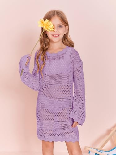 Image of Batermoon Girls Crochet Long Sleeve Swimsuit Cover Up Kids Fashion Hollow Out Swimwear Beach Dress 5-14 Years