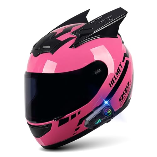 Black/Pink Cat Ear Bluetooth Motorcycle Helmet for Girl Women, DOT Approved Men Full Face Scooter ATV Motorbike Helmets for Cool Cute Racing MX Off Road Downhill Moped Motocross(L,Medium)