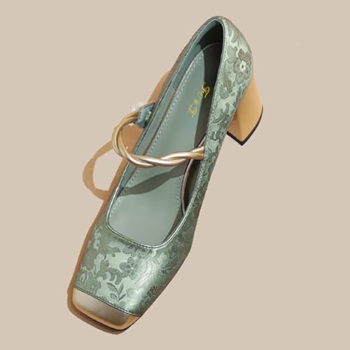 FOWT Women Square Cap Toe Mary Janes Elegant Strap Pearl Pumps Chunky Block Mid Heels Formal Evening Party Shoes Size 4-16 US2