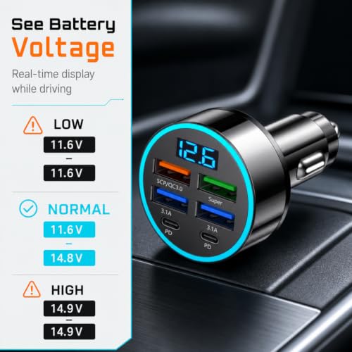 Image of DRIMZ 6 Port Fast Car Charger | 4 USB + 2 Type-C Car Charger Adapter with Digital Voltage Display | 25W Fast Charging Car Mobile Charger for iPhone & All 12V /24V Vehicles