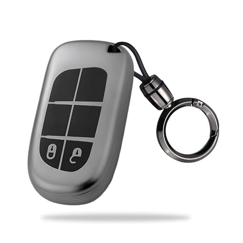 Image of SIAGO TPU Key Cover and Round Key Chain Compatible with Jeep Meridian, Compass, Trailhawk, 2 Button Flip Key (Grey)
