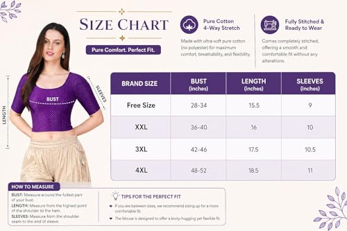 Image of Fressia Fabrics Pure Cotton 4-Way Stretch Readymade Blouse for Women | Free Size to 4XL Stretchable Round Neck Dobby Cotton Half Sleeve Readymade Saree Blouse for Women Stylish