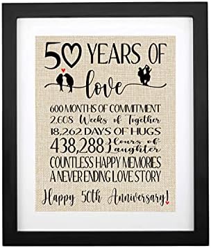 Framed 50 Years of Love Burlap Print Signs, Gifts for Parents 50th Anniversary, 50th Wedding Anniversary, Golden Anniversary, Happy 50th Anniversary Decoration